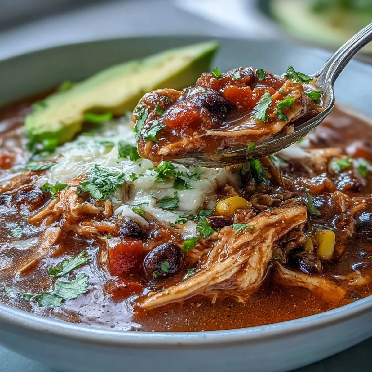 Geschmackvolles Instant Pot Chicken Tortilla Soup mit zartem Hähnchen, Bohnen und frischer Avocado im Brotschalen.