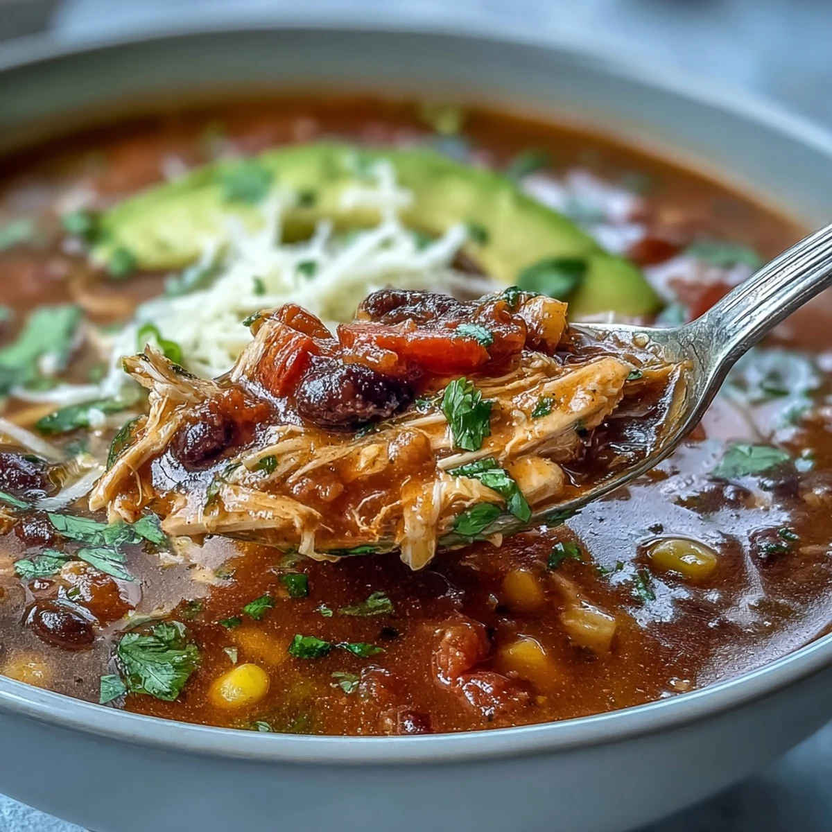 Gesättigtes Instant Pot Chicken Tortilla Soup angerichtet mit Koriander, Limette, Käse und knusprigen Tortilla-Strips.