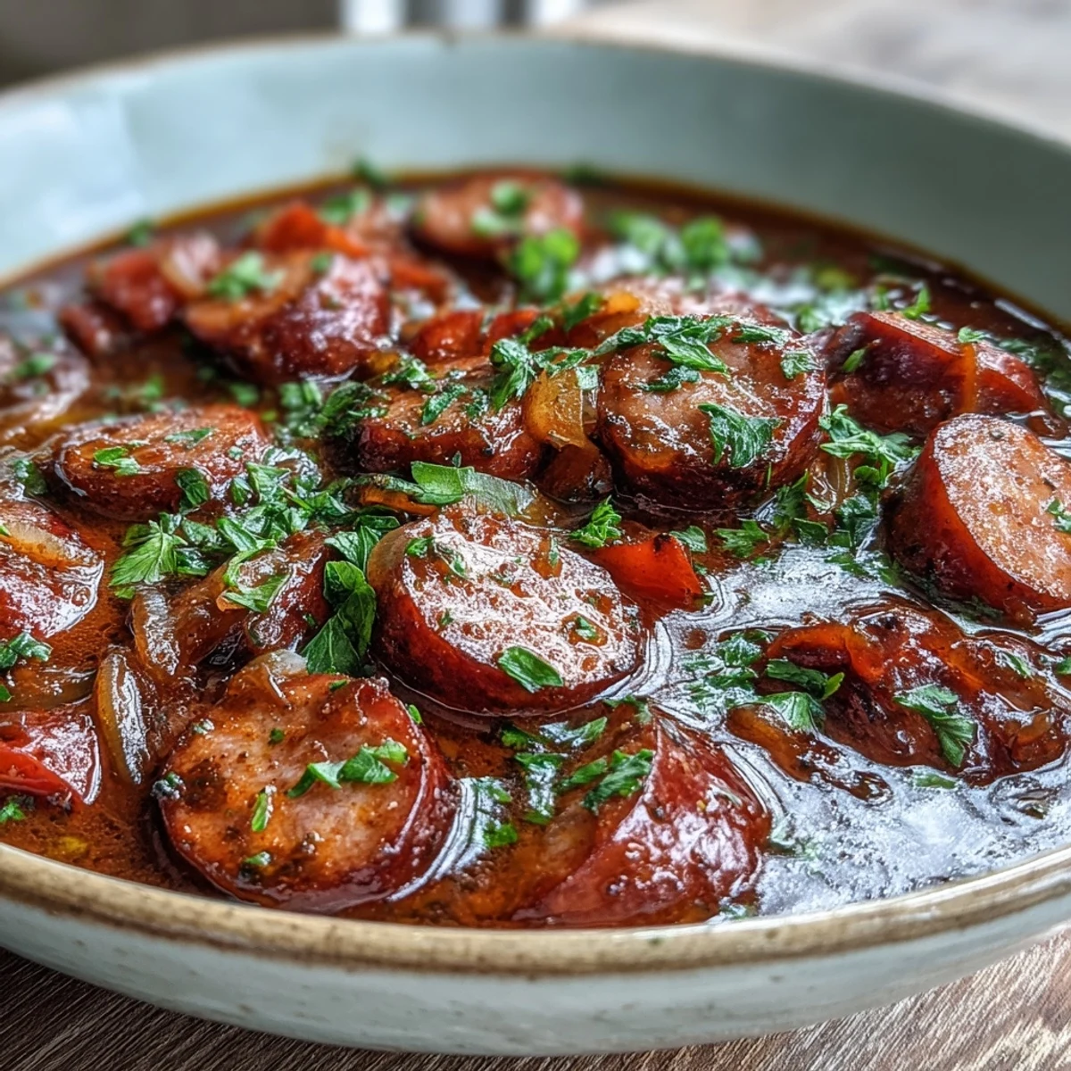 Crock Pot BBQ Cocktail Sausage Soup in einer Schüssel mit frischer Petersilie garniert