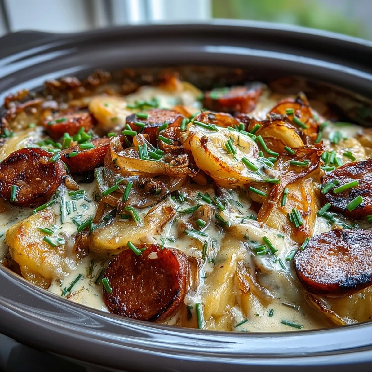 Crockpot Pierogi Casserole With Kielbasa mit cremiger Käsesoße und frischen Schnittlauch garniert