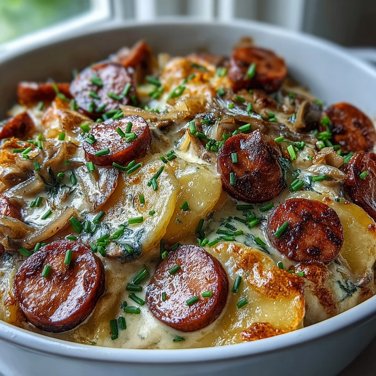 Crockpot Pierogi Casserole With Kielbasa serviert auf Teller mit Röllchen Kielbasa und goldenem Käse überzogen