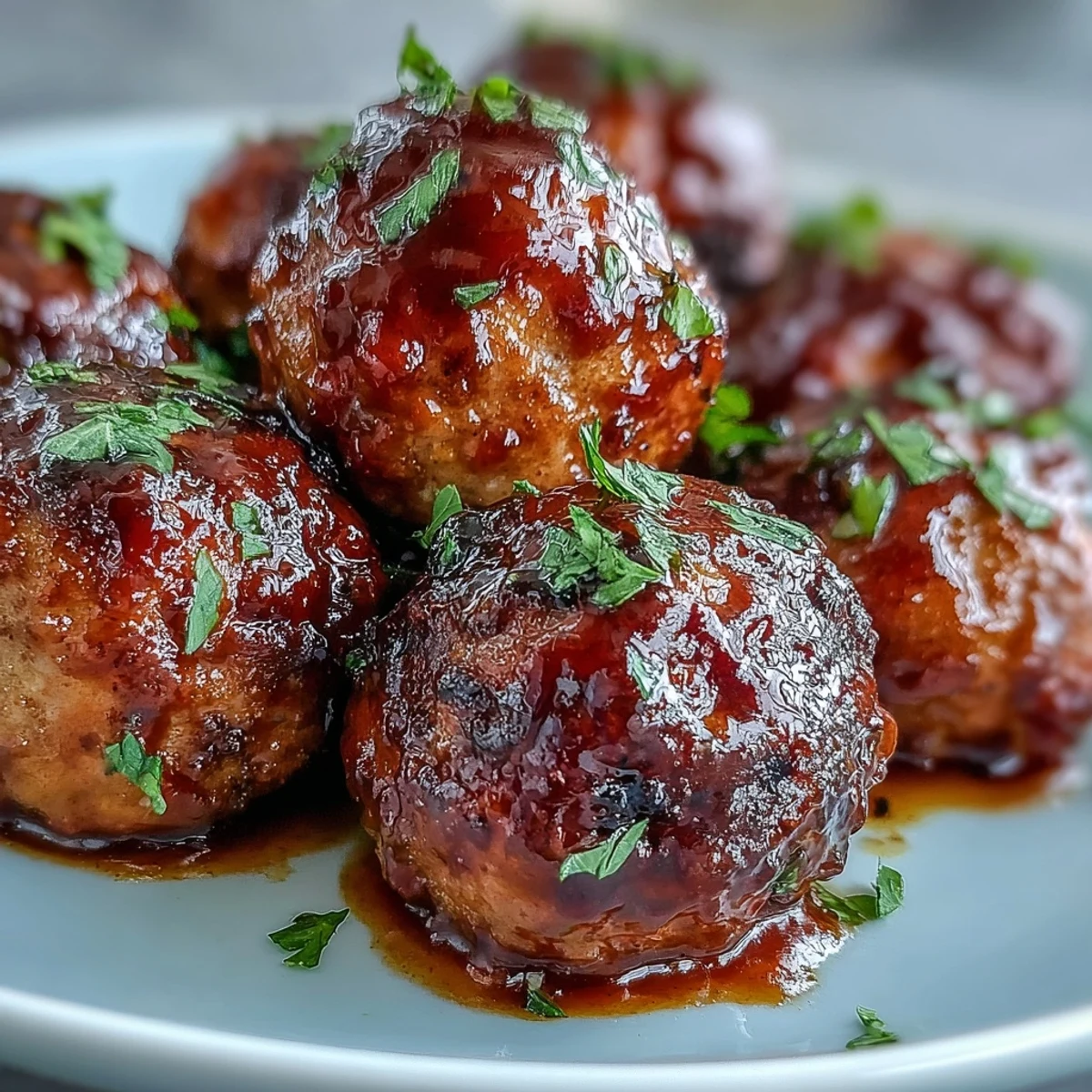 Im Schongarer gegarte Pfirsich-Fleischbällchen in reichhaltiger glasierter Sauce über Reis.