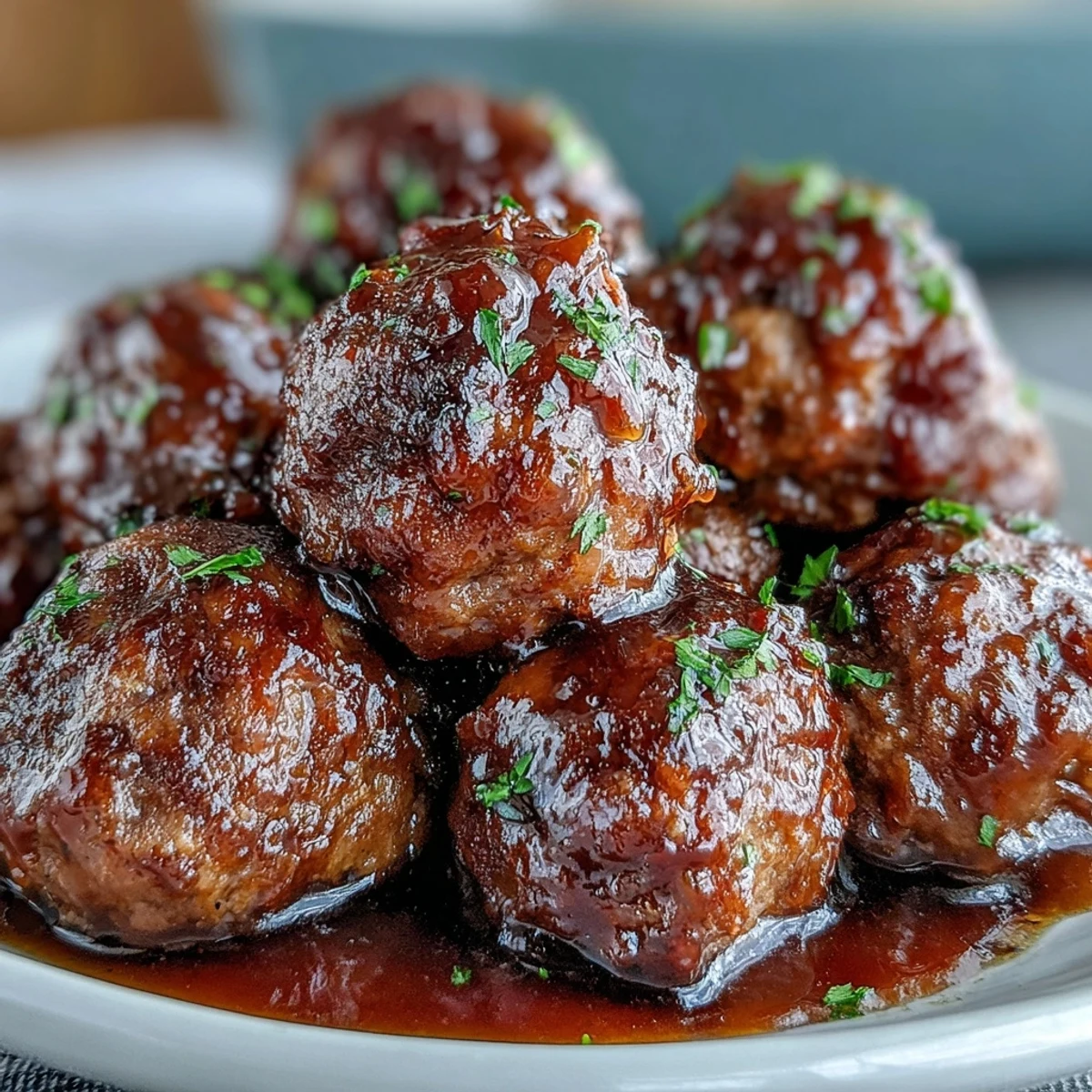 Zähe Fleischbällchen in scharfer Pfirsichsauce im Schongarer, als Party-Appetizer serviert.