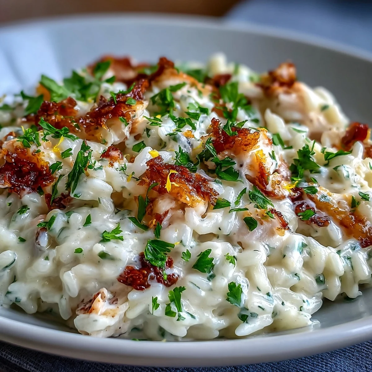 Goldener Löffel voll cremigem Smoked Haddock Risotto, garniert mit frischer Petersilie und Zitronenschale.