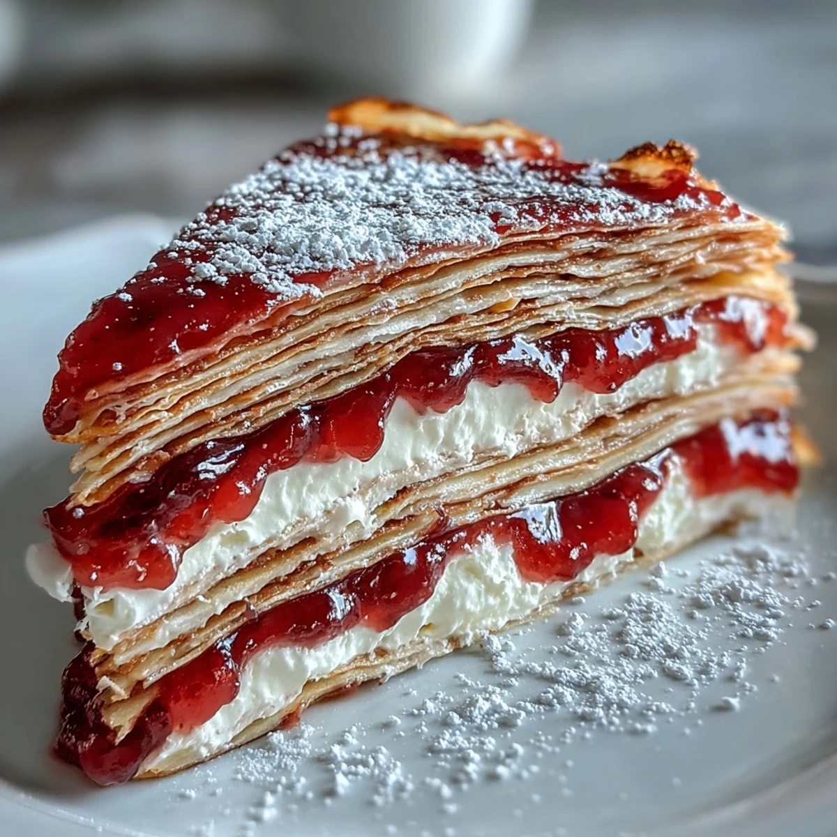 Schichtdessert Blood Orange Curd Crêpe Cake mit cremiger Sahne und zarten Crêpes.