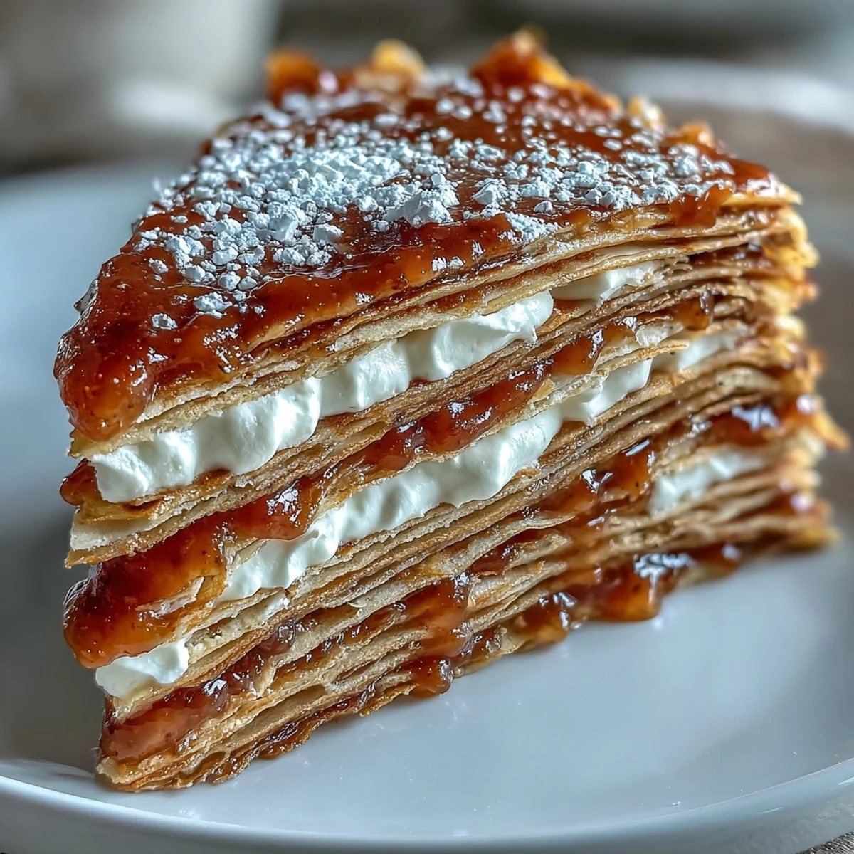 Gekühlter Blood Orange Curd Crêpe Cake mit Blutorangenscheiben und zartem Puderzucker.
