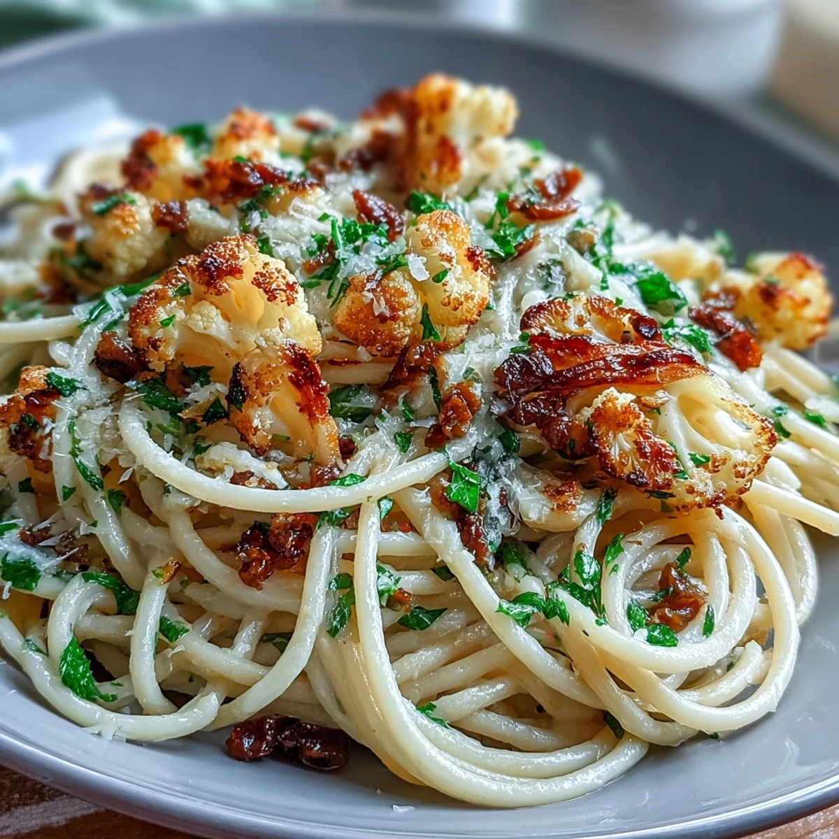 Röstkohl, Anchovis und Rosinen verleihen dieser Cauliflower, Anchovy and Raisin Spaghetti Tiefe und Balance, serviert mit Zitronenzesten und glasiger Sauce auf einem Teller.