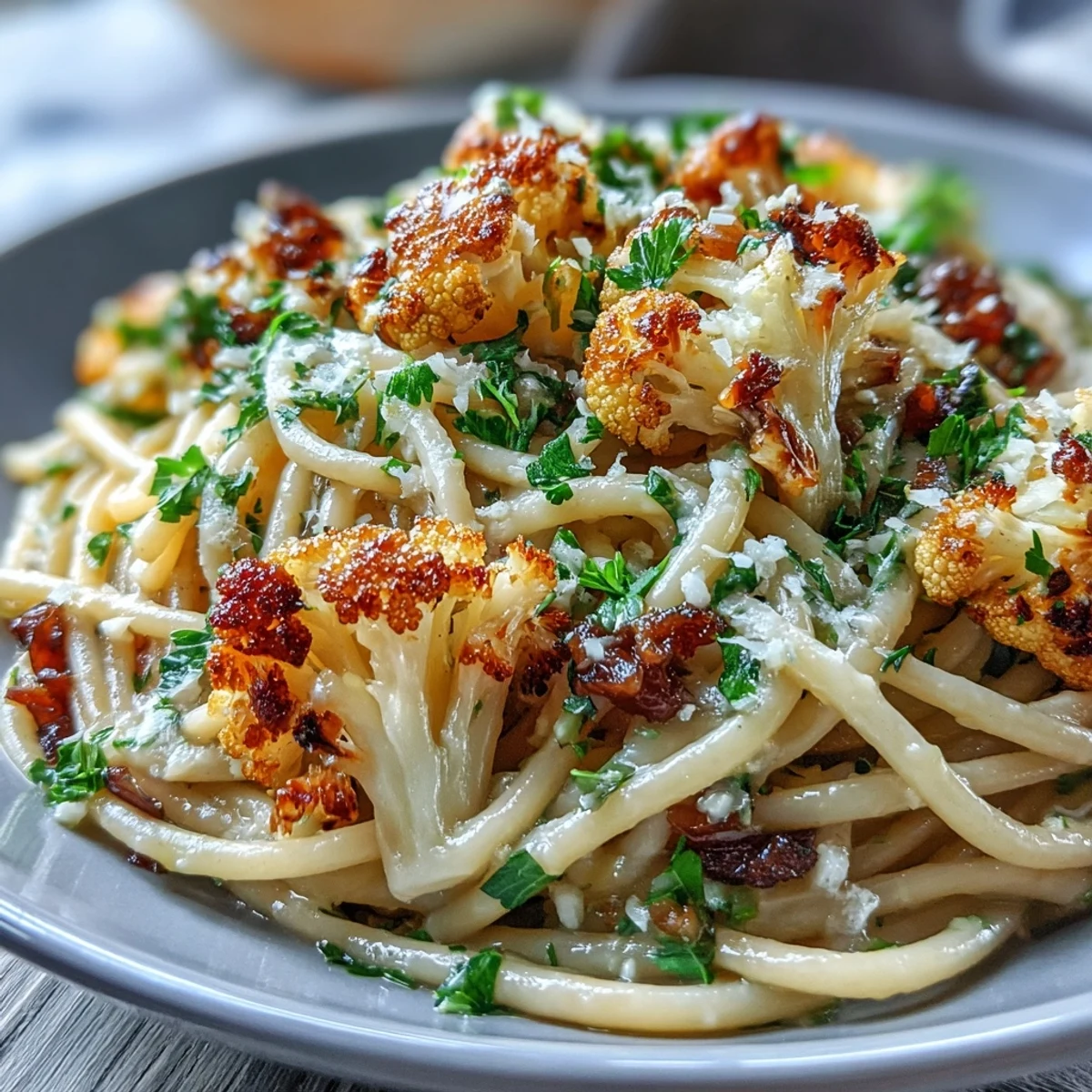 Köstliche Cauliflower, Anchovy and Raisin Spaghetti mit röstaromem Kohl, schmelzenden Anchovis, rosigen Rosinen und Petersilie garniert, frisch aus der Pfanne.