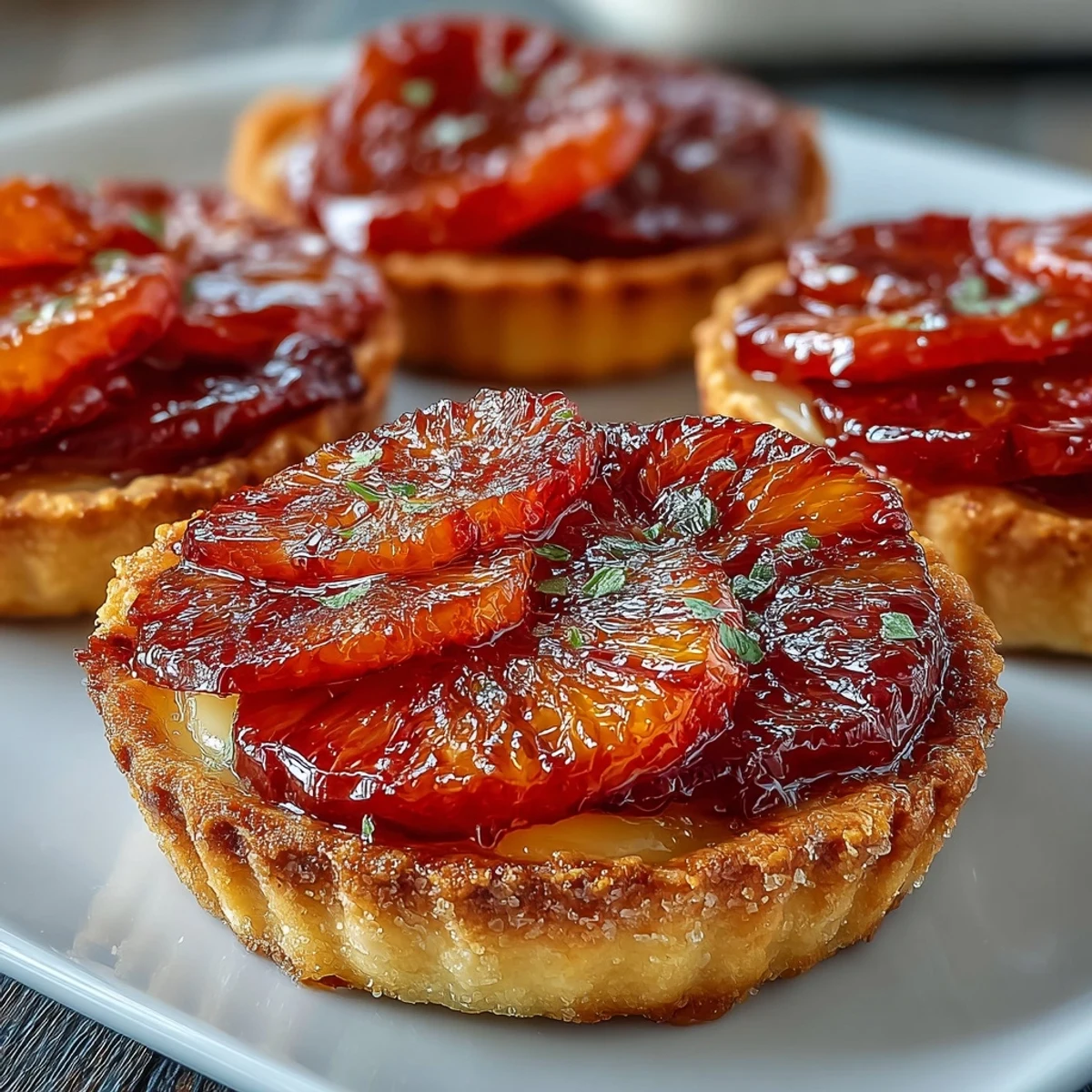 Six elegant Blood Orange Tarts on a marble board, garnished with glossy honey glaze and delicate mint leaves.  