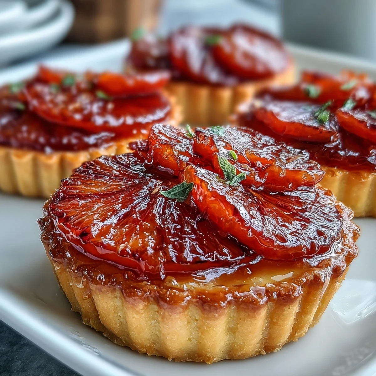 Freshly assembled Blood Orange Tarts showcasing layered texture, with juicy citrus rounds and creamy French vanilla custard.