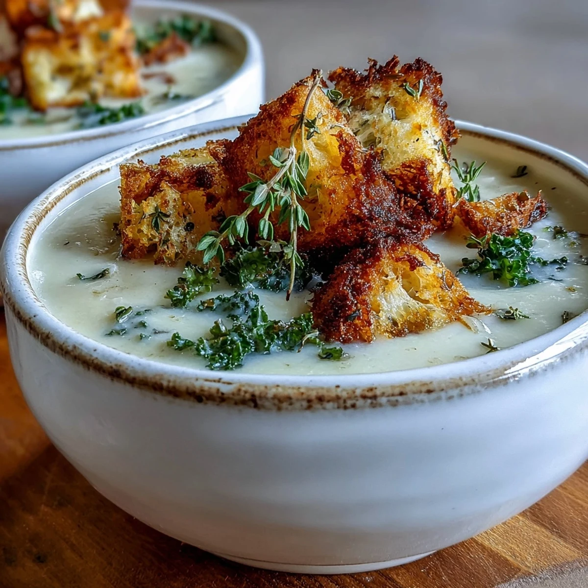 Creamy Cauliflower and Broccoli Soup in a rustic bowl, topped with golden homemade croutons.