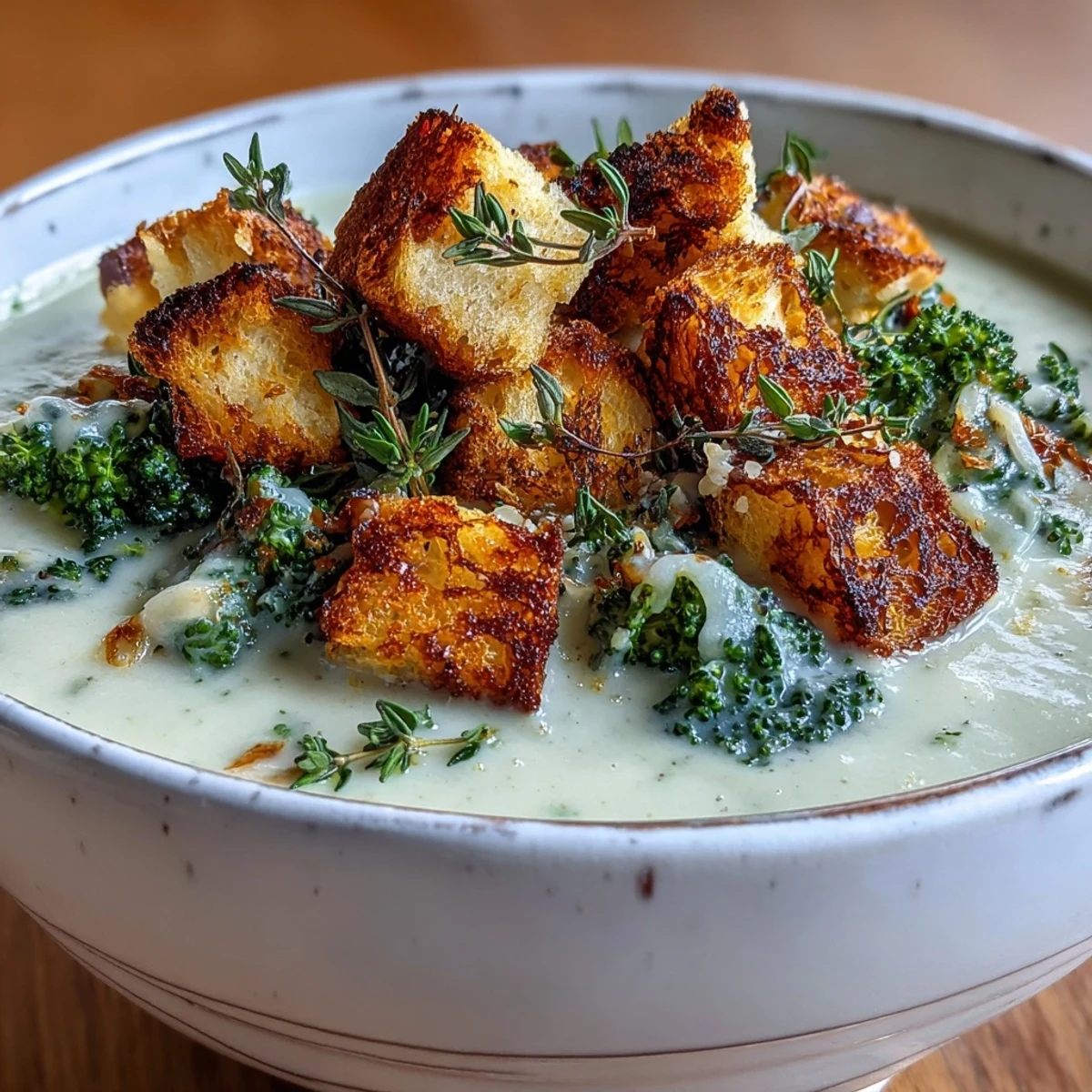Hot Cauliflower and Broccoli Soup served beside crunchy croutons and a slice of bread.