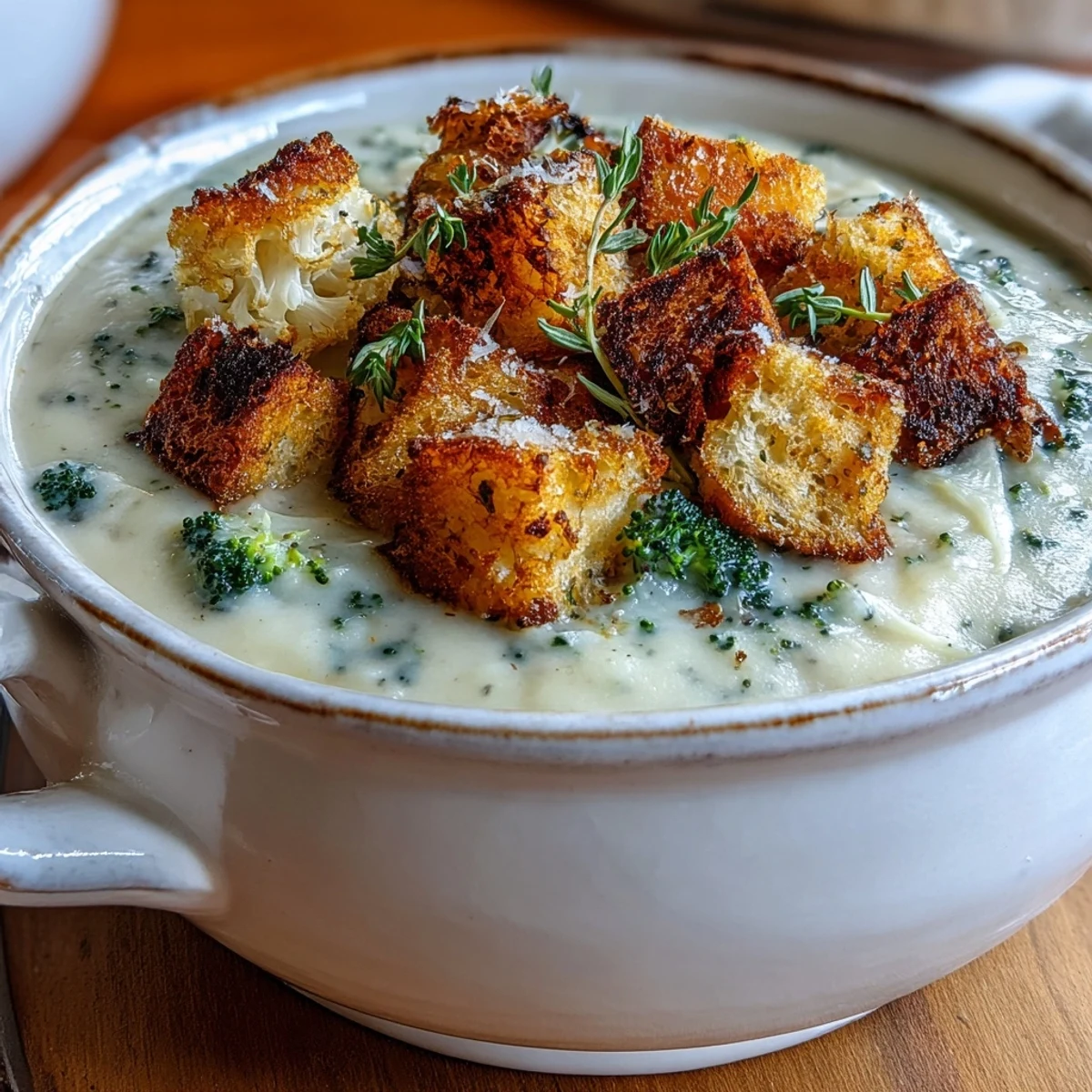 Freshly blended Cauliflower and Broccoli Soup with a velvety texture, garnished with thyme.