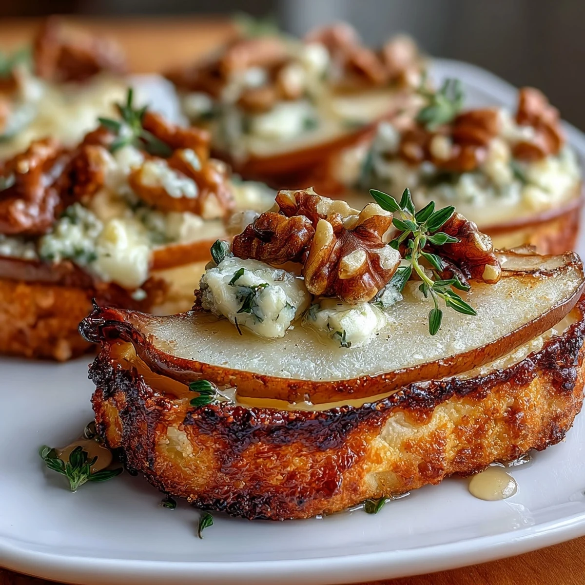 Pear, Gorgonzola, and Pickled Walnut Pizzettes garnished with fresh thyme on a rustic wooden board.