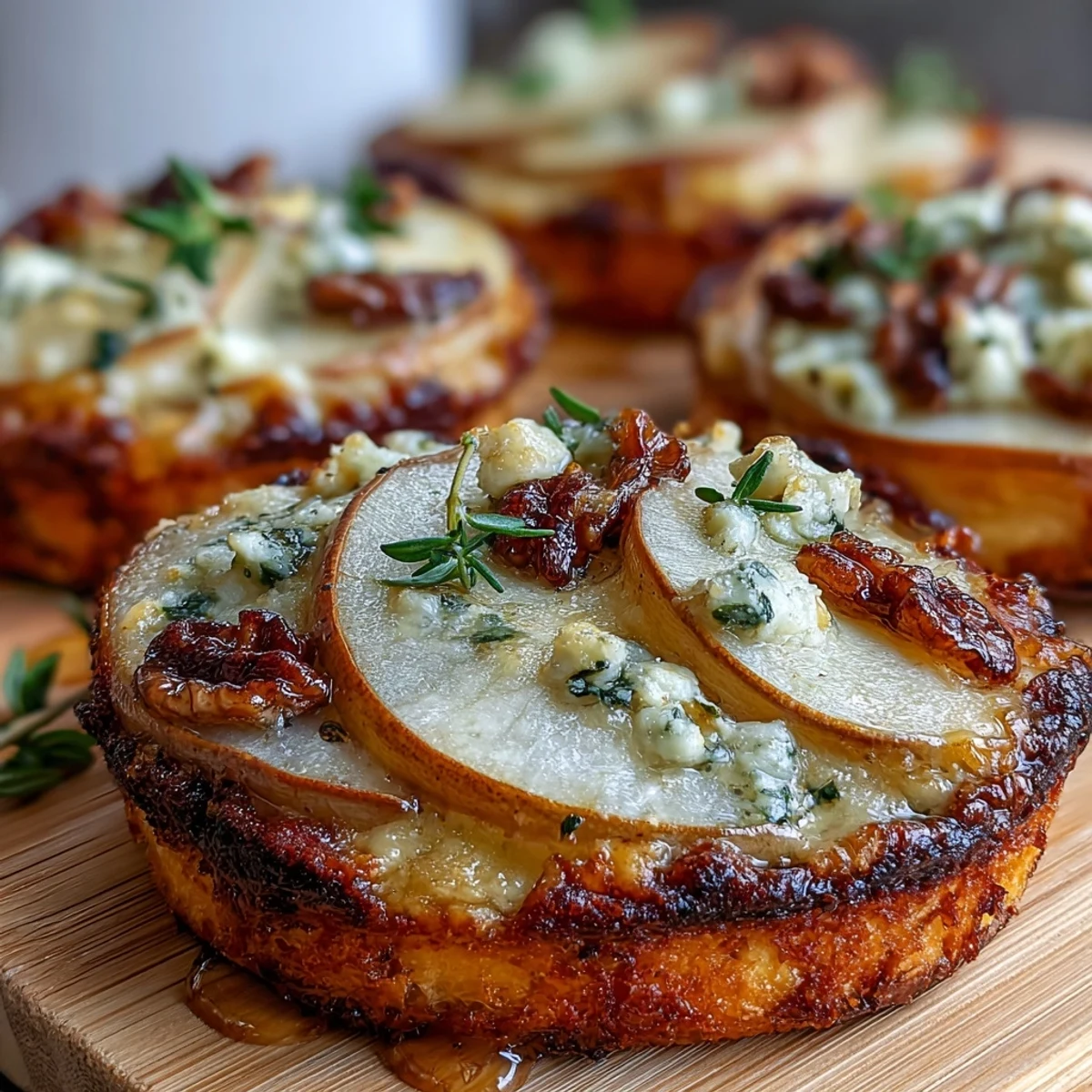 Golden mini pizzas topped with sweet pear slices and creamy Gorgonzola, ready to serve.