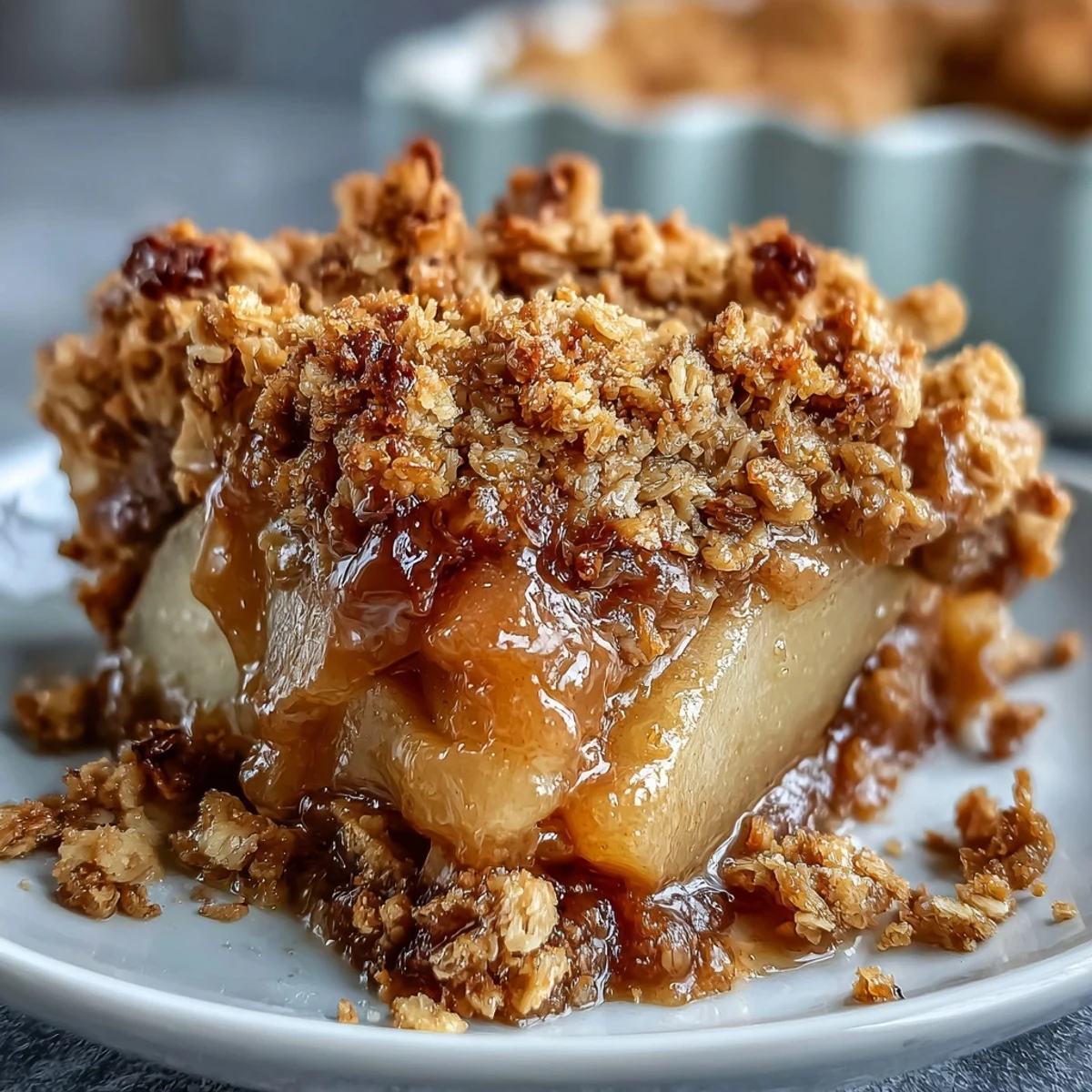 Goldener Pear Crumble mit Vanilleeis in einer Schale