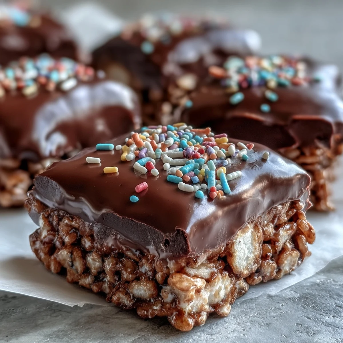Geformte Chocolate Covered Rice Krispy Treats, üppig mit Regenbogenstreuseln bestreut, perfekt für Party-Snacks.