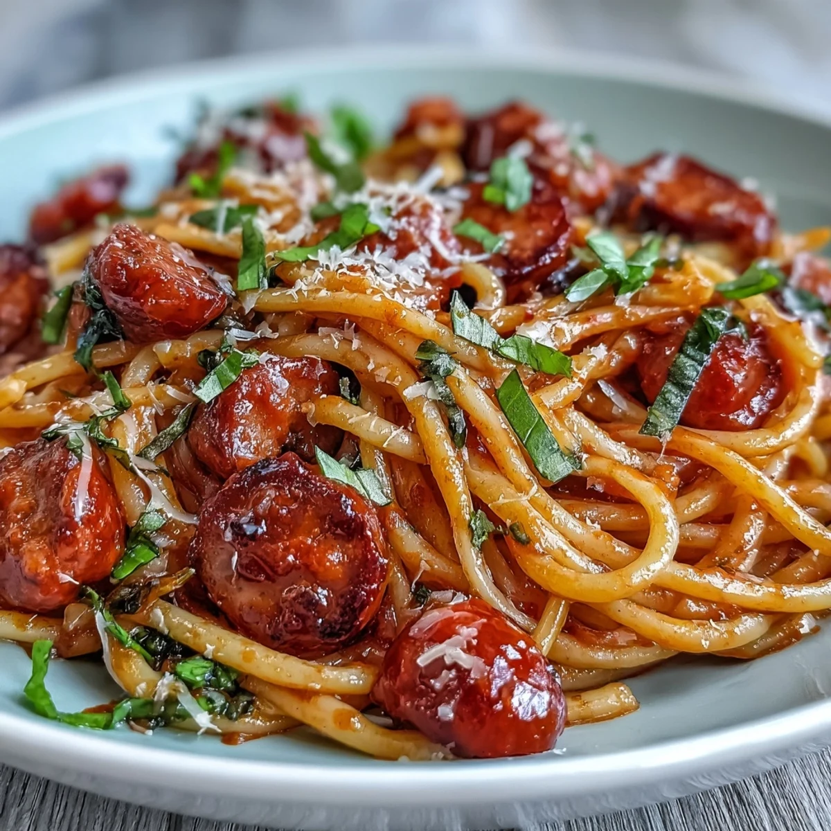 Italian Drunken Noodles with spicy sausage and sweet cherry tomatoes in a rich Chianti sauce.