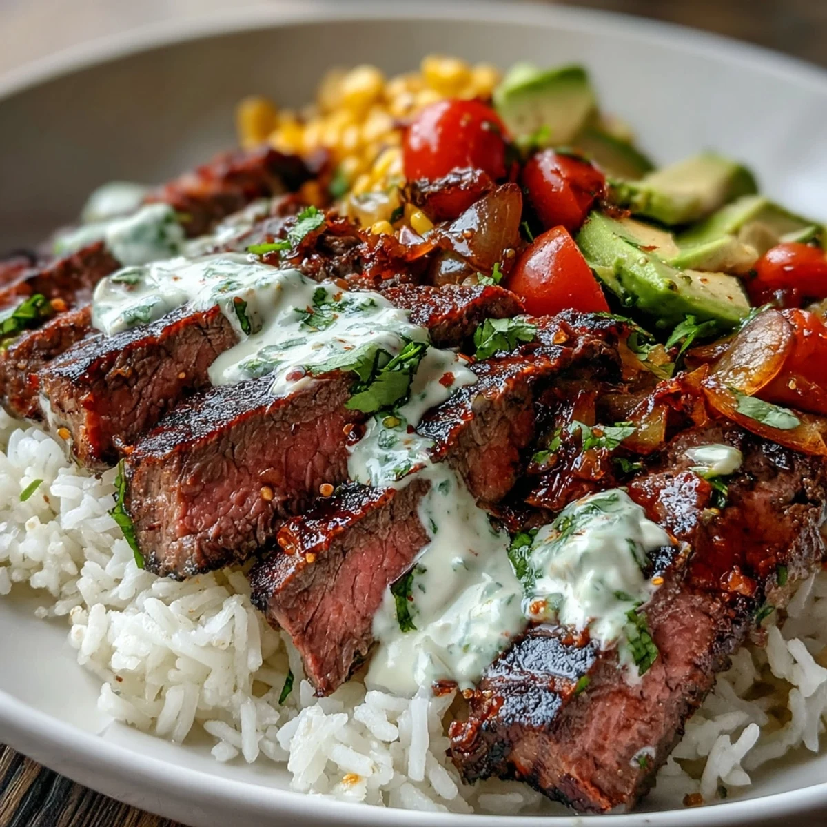 Charred corn and tender sliced steak top a bowl with avocado, drizzled in cilantro cream sauce.