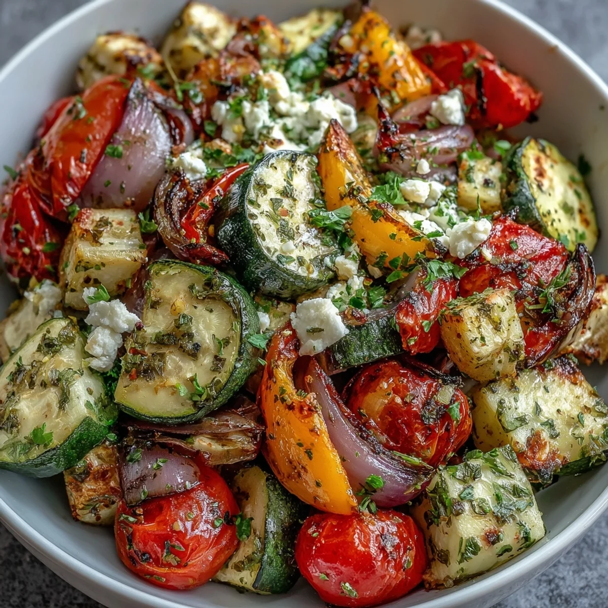 Roasted Mediterranean Greek Vegetables served warm with crumbled feta and fresh parsley on a platter.