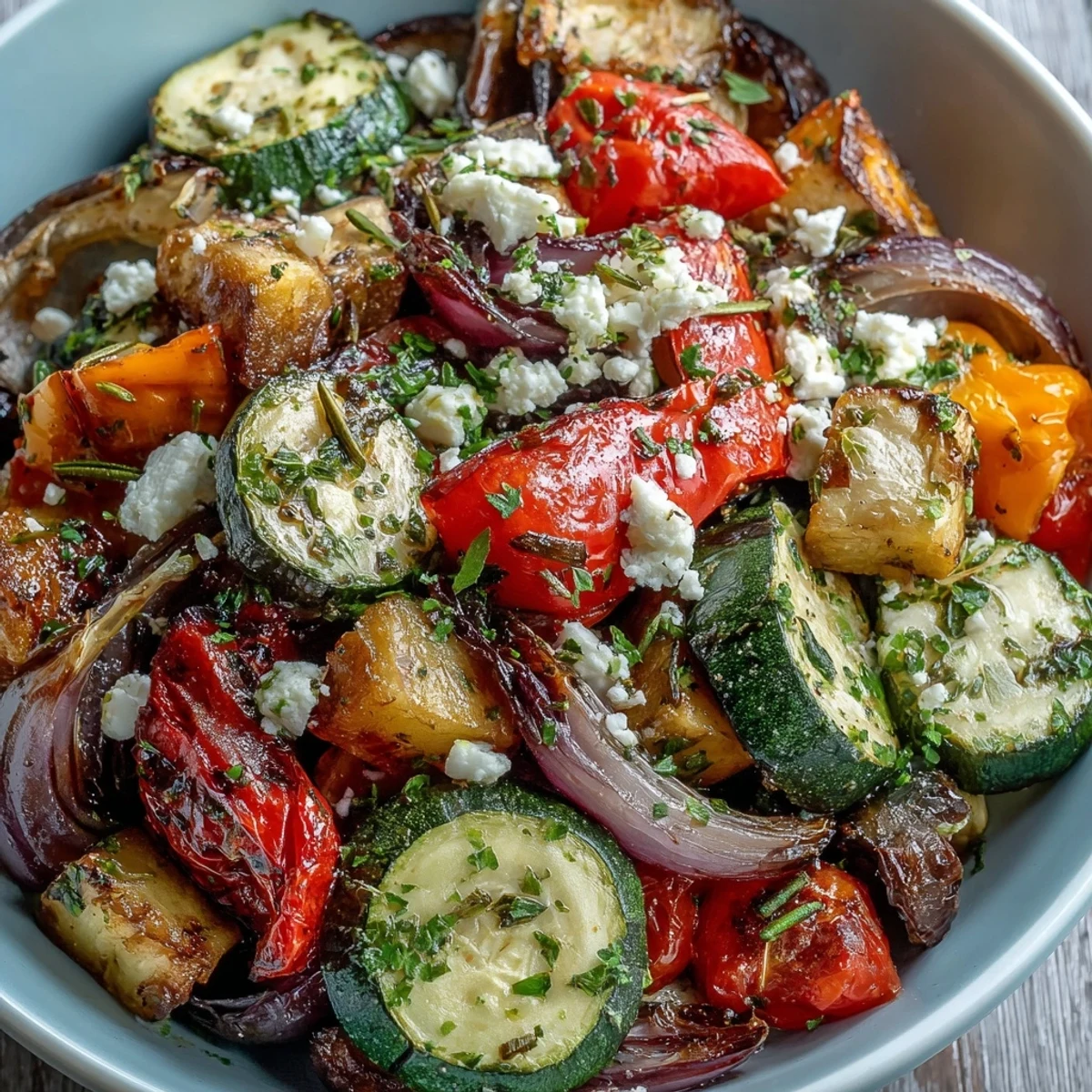 Garlicky Roasted Mediterranean Greek Vegetables with olives beside grilled chicken for a hearty vegetarian dinner.