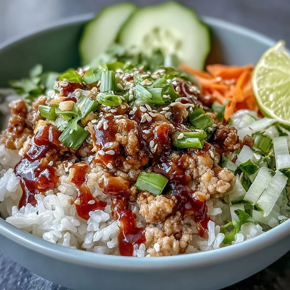 Bang Bang Ground Turkey Rice Bowls with tender turkey, crunchy carrots, cucumbers, and sesame seeds in a creamy chili sauce.