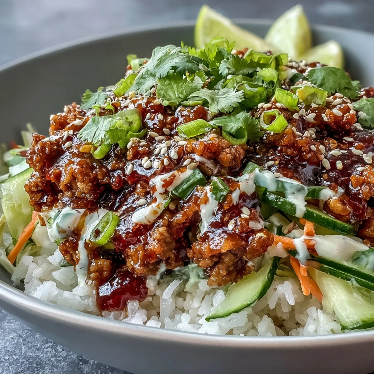 Colorful ground turkey rice bowl with crisp veggies, drizzled with tangy bang bang sauce and a sprinkle of sesame.