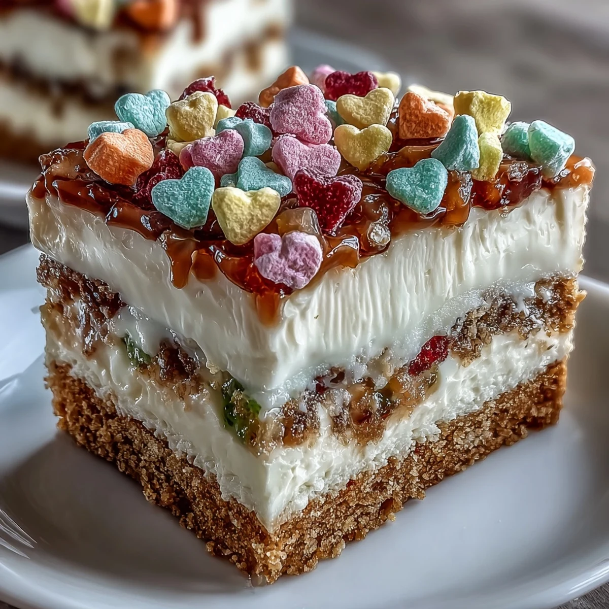 Candy Hearts Fake Cake auf knusprigem Keksboden mit cremiger Füllung und bunten Herzchen.