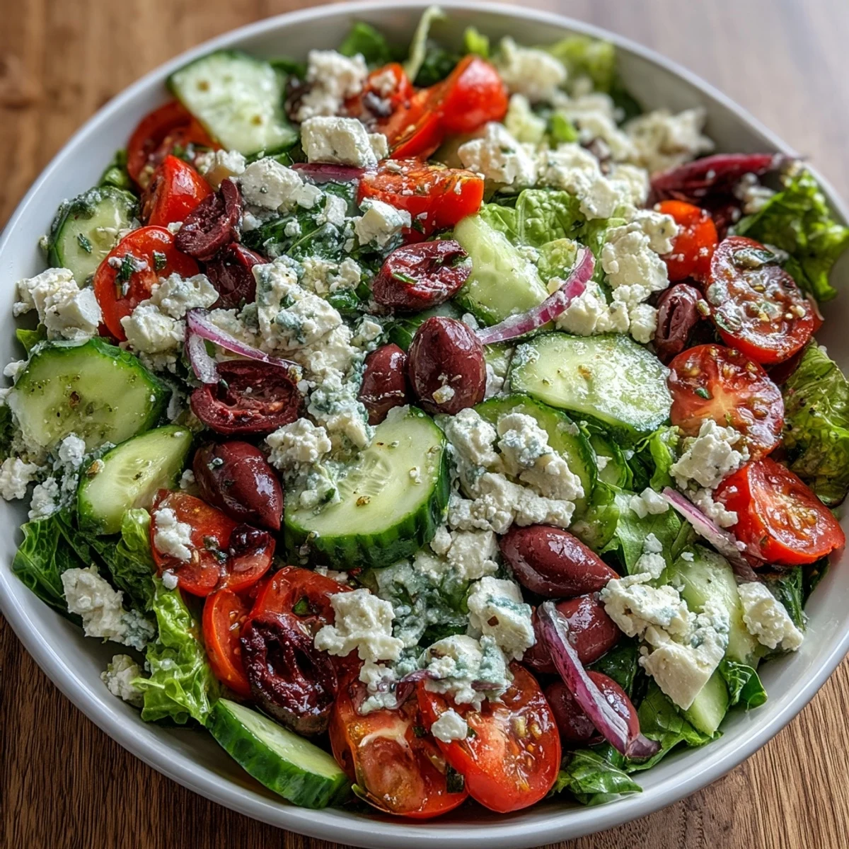 Frischer griechischer Salatbowl mit knackigem Römersalat, cremigem Feta und würzigen Kalamata-Oliven.