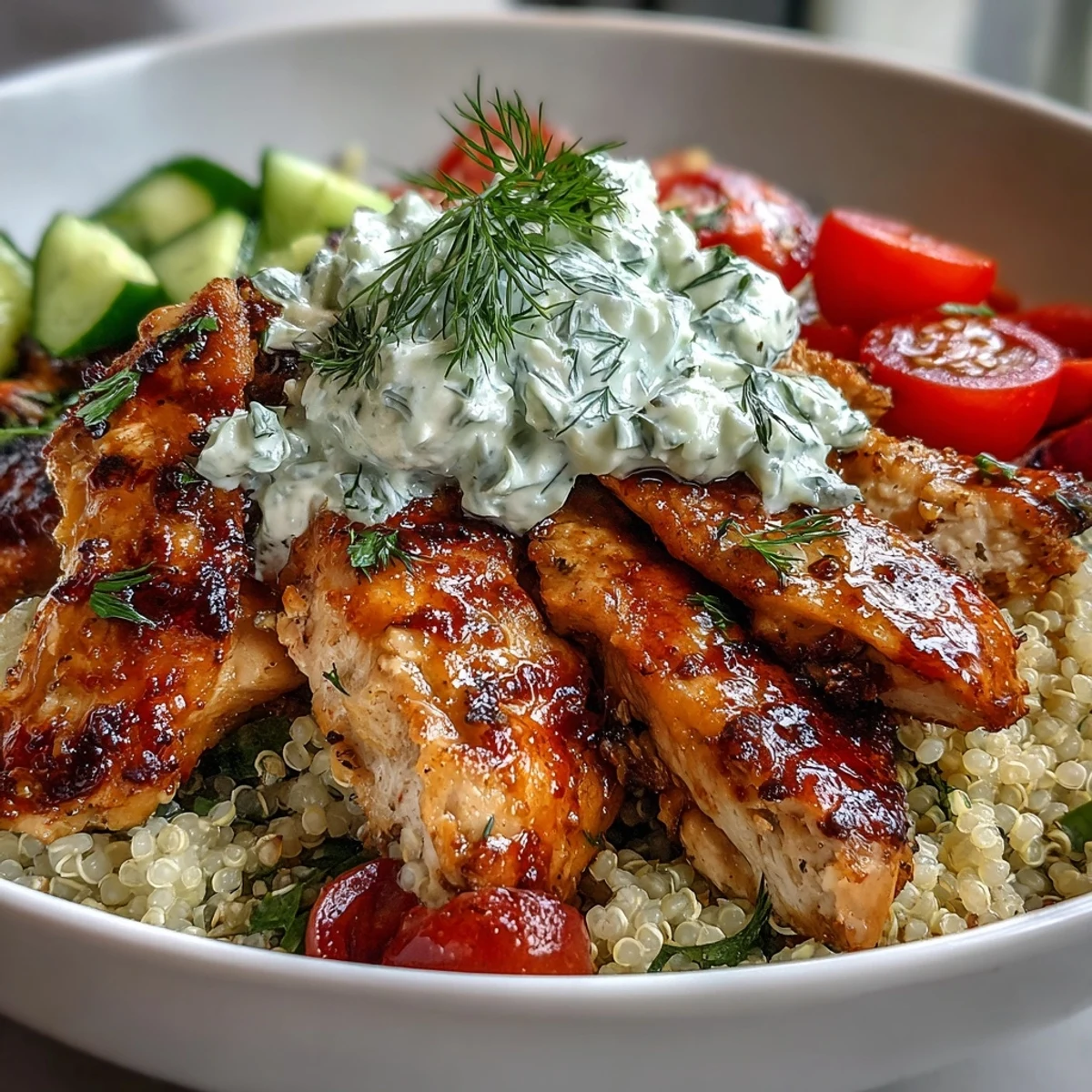 This bowl features fluffy quinoa topped with juicy grilled lemon-herb chicken, fresh cucumbers, cherry tomatoes, and creamy tzatziki.