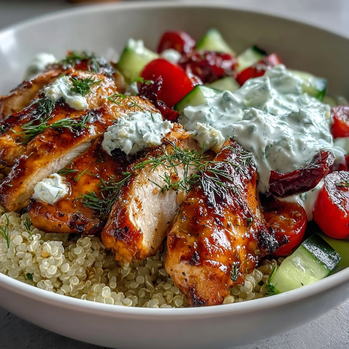 A vibrant Greek Chicken Power Bowl with marinated grilled chicken, fluffy quinoa, crisp vegetables, and a dollop of garlic yogurt sauce.