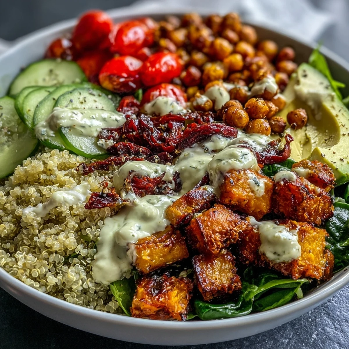 Einefarbenfrohe Buddha Bowl mit Quinoa, gerösteten Süßkartoffeln, knusprigen Kichererbsen und frischem Gemüse, verfeinert mit Knoblauch-Tahini-Dressing.