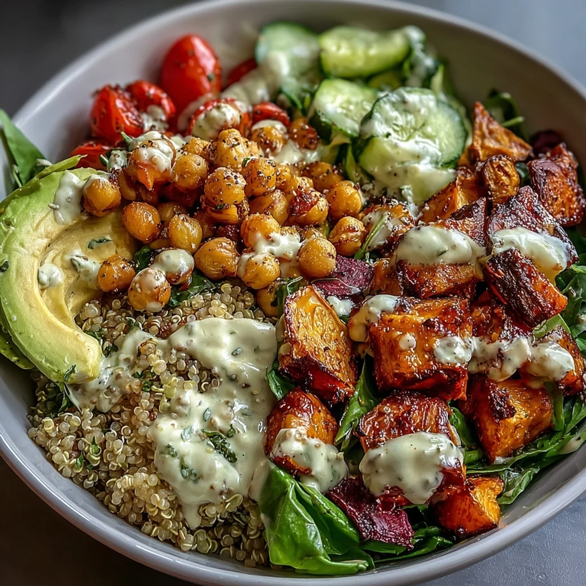 Genussvoll angerichtete Buddha Bowl aus Quinoa, karamellisierten Süßkartoffeln, Kichererbsen, knackigem Gemüse und cremigem Knoblauch-Tahini-Dressing.