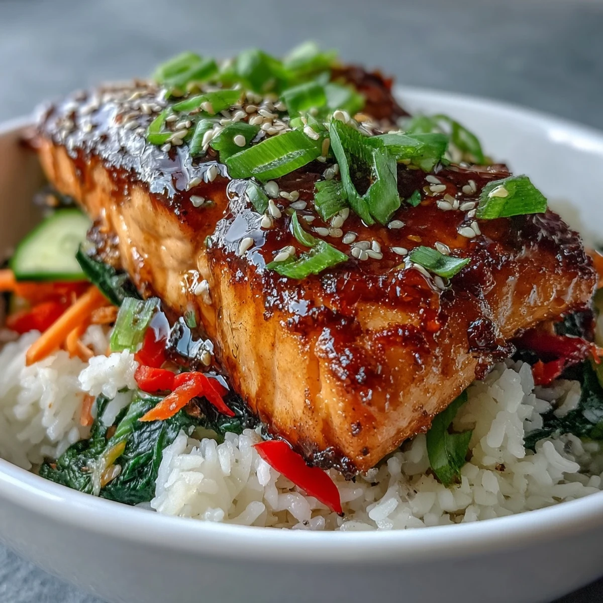 Frischer Asian-Inspired Salmon Bowl mit glasierter Lachsfilet, Reis und bunten Gemüsestreifen.