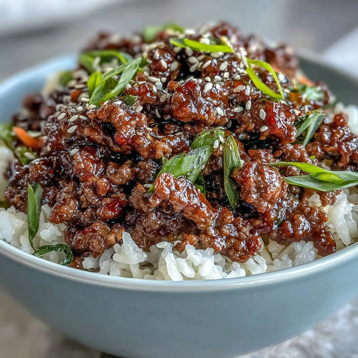 A close-up of a Korean Beef Bowl showing seasoned ground beef with gochujang sauce, served over fluffy rice and topped with crisp cucumber and tangy kimchi.