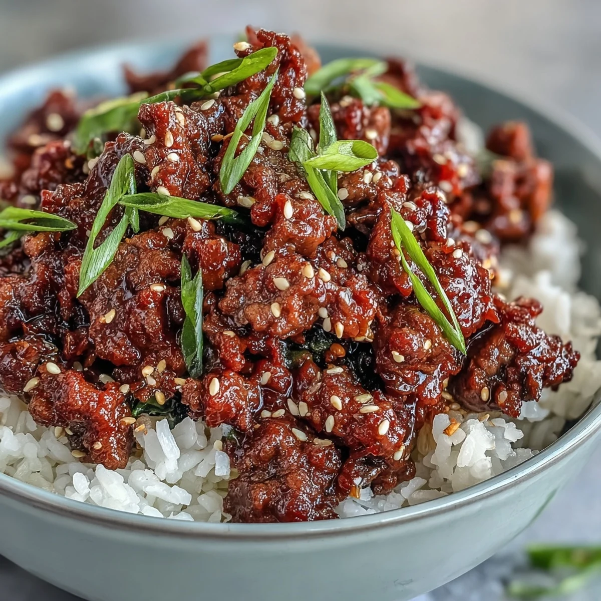 A hearty Korean Beef Bowl featuring saucy ground beef, steamed rice, crunchy radish slices, and spicy kimchi, ready to enjoy with chopsticks.