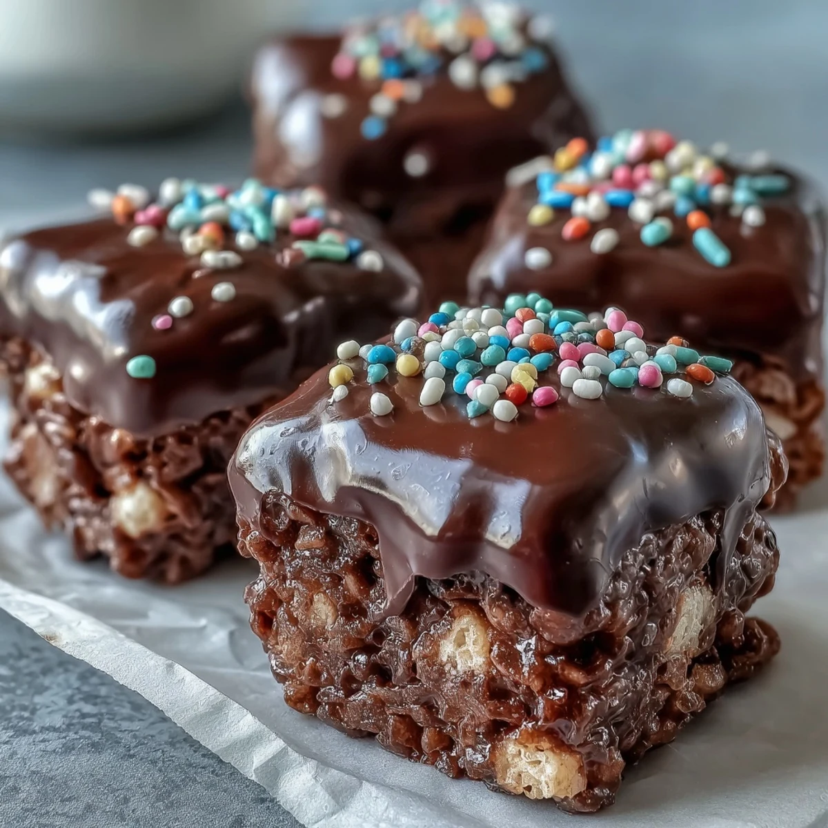 Frische Chocolate Covered Rice Krispy Treats mit knuspriger Cerealienbasis und glänzender Schokoladenglasur.