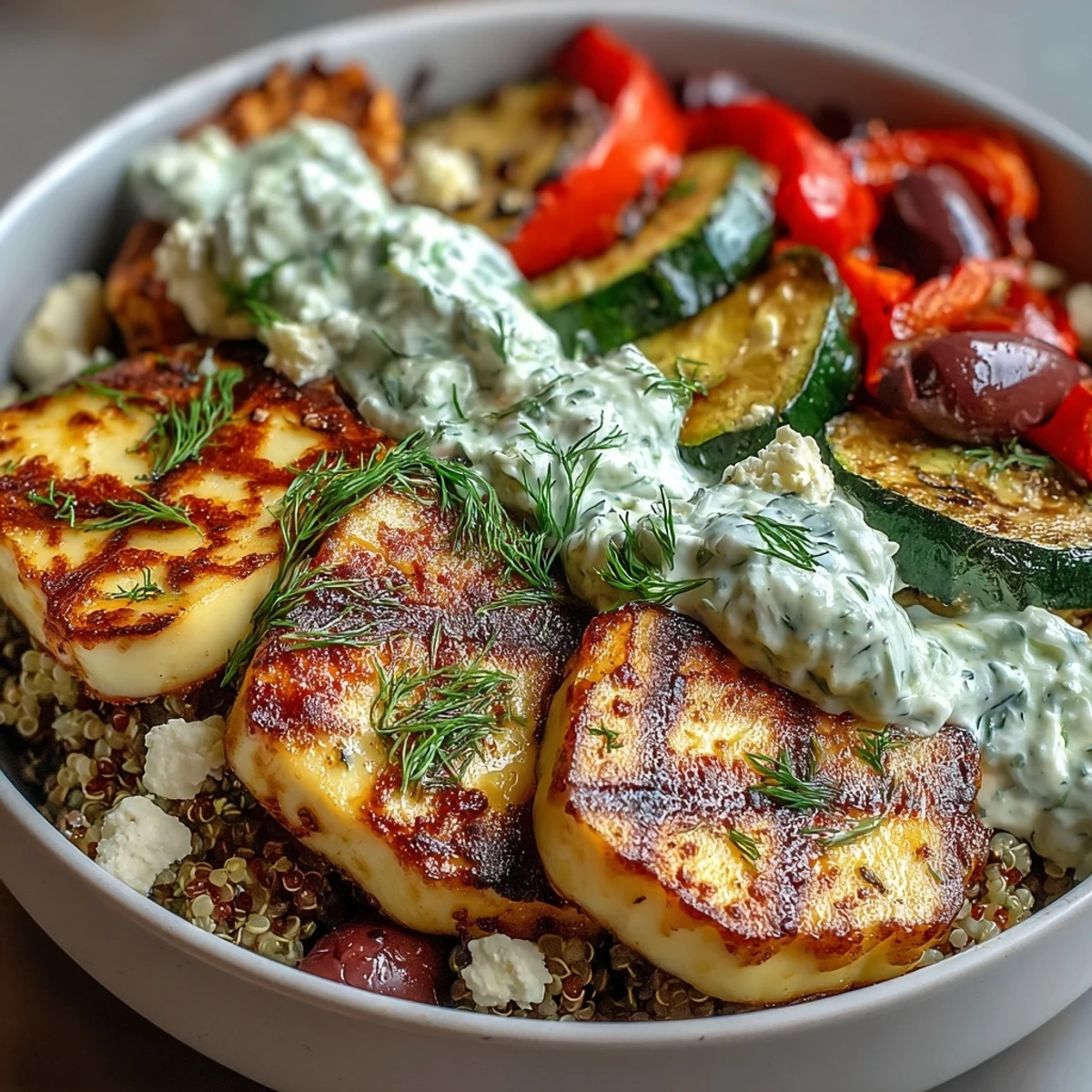 Healthy Grilled Mediterranean Bowl with charred zucchini, bell peppers, and eggplant topped with feta and tzatziki.