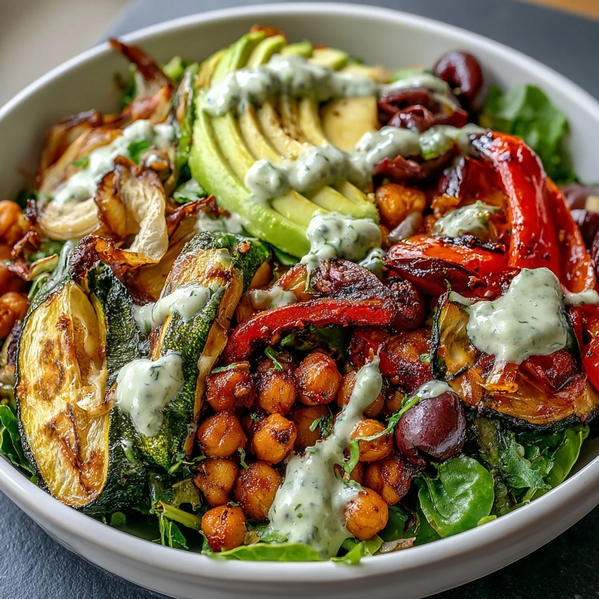 Stellen Sie sich dieses Vegan Mediterranean Buddha Bowl mit leckerer roher und gegrillter Gemüsevielfalt vor.