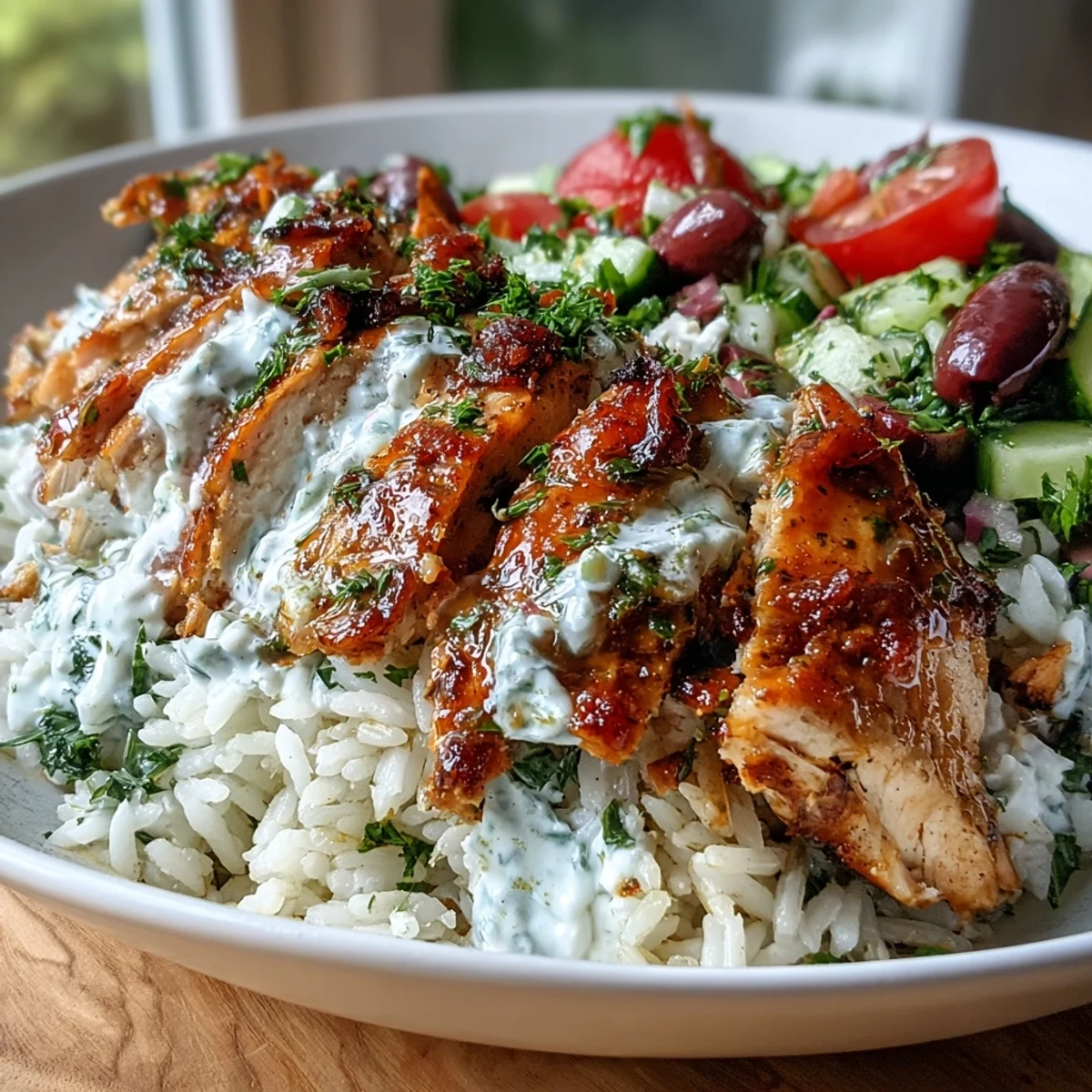 Bunt arrangierter Greek Chicken Bowl mit mediterranen Zutaten: Hähnchen, herzhaftem Reis, griechischem Salat und würziger Tzatziki-Sauce.