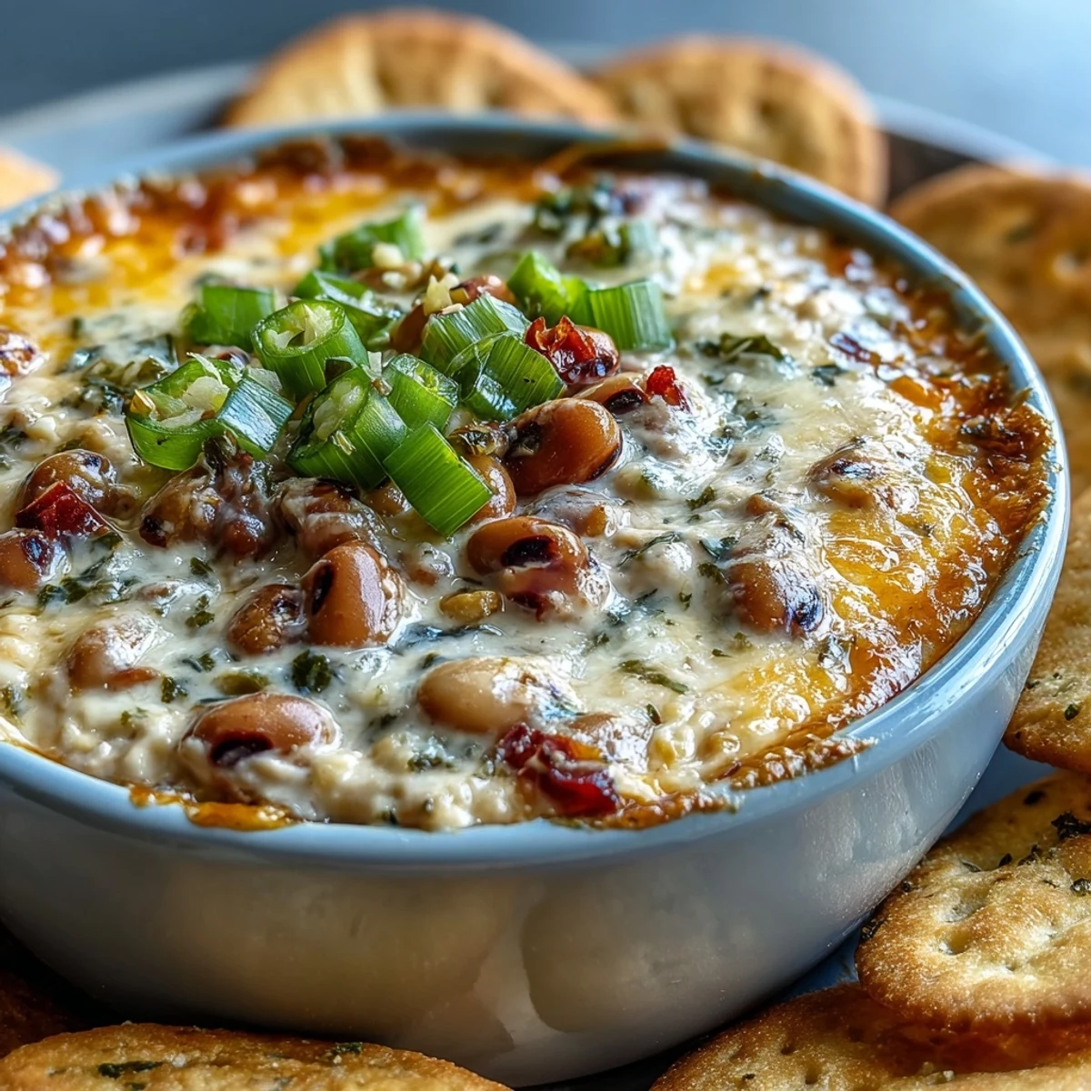 Heißer Hot Black-Eyed Pea Dip mit geschmolzenem Cheddar, cremigem Käse und knusprigen Tortilla-Chips serviert.