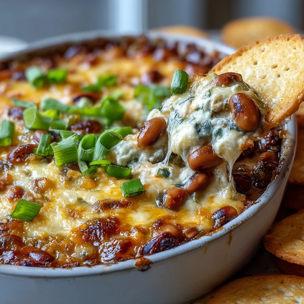 Frisch gebackener Hot Black-Eyed Pea Dip mit gerösteten Paprika, grünen Zwiebeln und würzigen Jalapeños im Ofen.