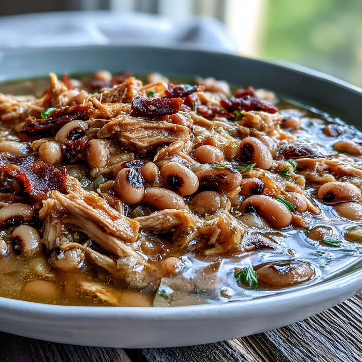Tender Crock-Pot Black-Eyed Peas with Smoked Turkey beside cornbread and fresh greens.