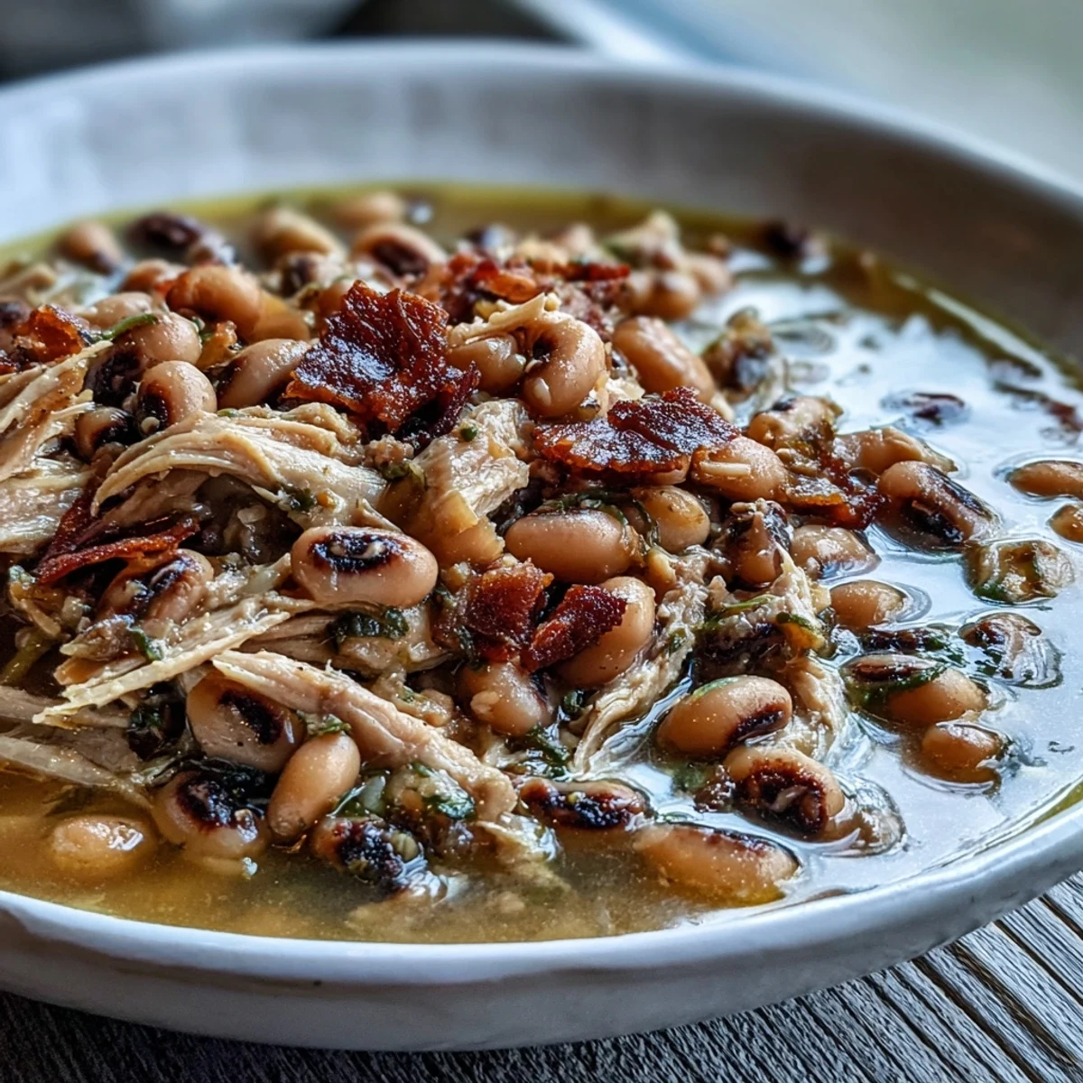 Rich Crock-Pot Black-Eyed Peas with Smoked Turkey shredded and stirred, steam rising.