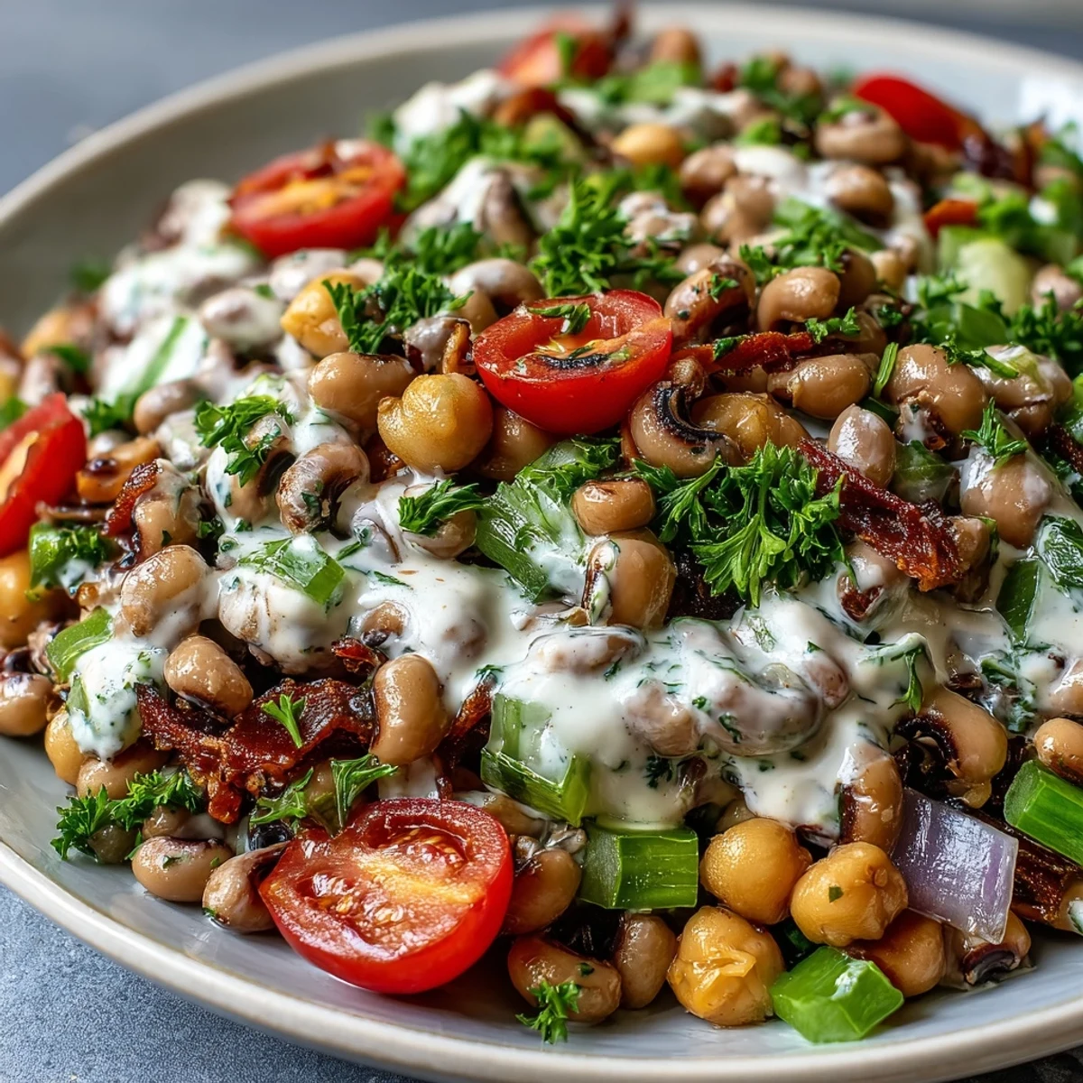 Eine leckere vegane New Years Hoppin John Salad mit frischen Tomaten, Paprika und würzigem Rauchpaprika-Dressing.