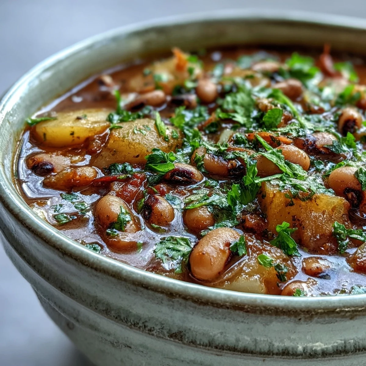 Gedünstete Black-Eyed Pea Stew with Chefs Touch mit zartem Gemüse und Kräutern, angerichtet in einer Schüssel