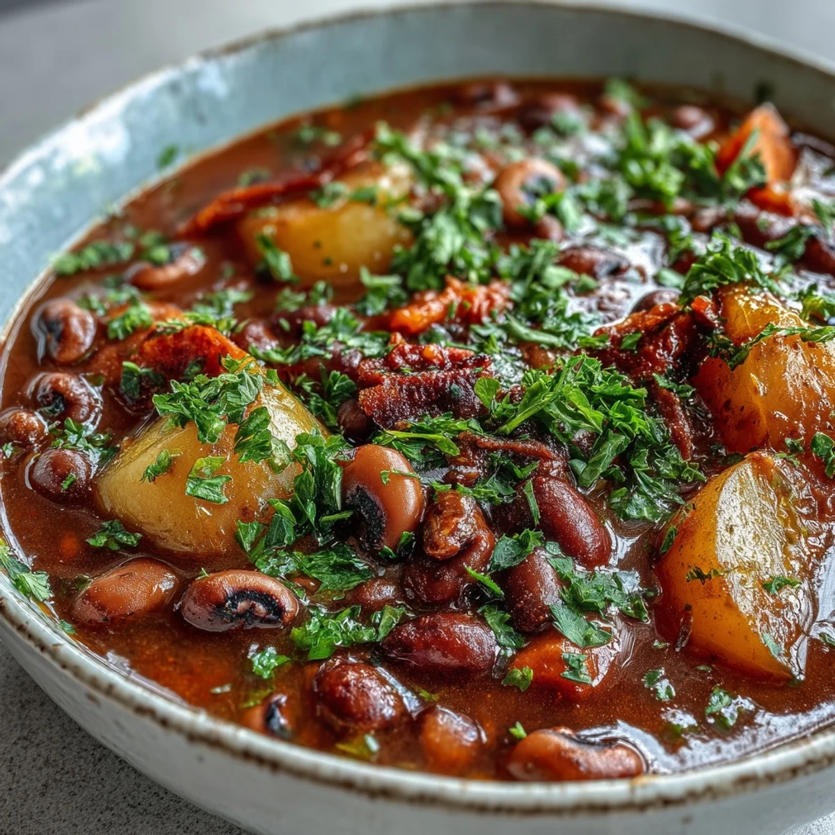 Herzhafte Black-Eyed Pea Stew with Chefs Touch im Topf, dampfend und reichhaltig, ideal für US-amerikanische Abendessen