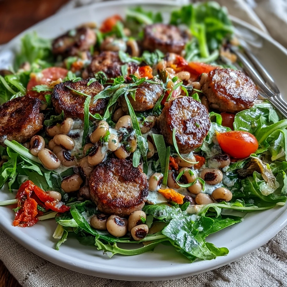 Close-up of Hoppin John Style Black-Eyed Pea Salad with turkey sausage, celery, and tarragon mustard dressing drizzled over.