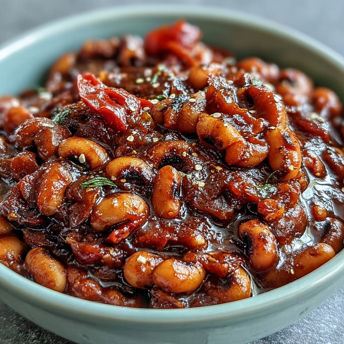 Fork lifting tender peas from Greek-Style Slow Cooker Black-Eyed Peas with carrots and red bell peppers, ready to serve with crusty bread.