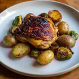A close-up of a flavorful one-pan chicken dish with tender potatoes and crispy sprouts.